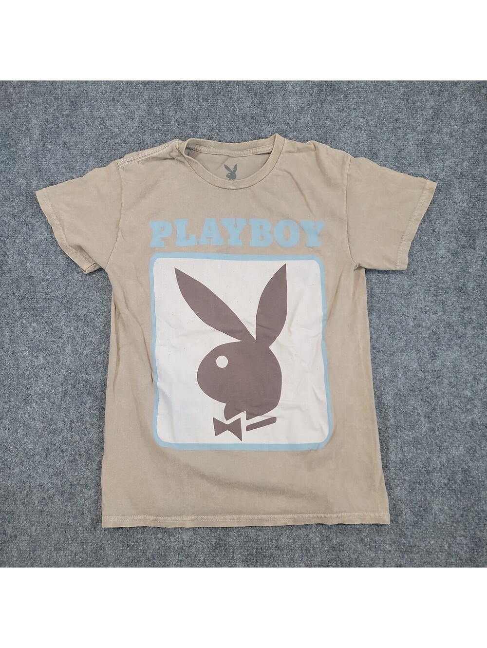 Playboy Bunny Logo Graphic T-Shirt SZ Sm Sand Tan Blue Y2K Box Tee Vintage 526